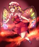  1girl :d ascot blonde_hair blush collar crystal demon_wings female flandre_scarlet flying foreshortening frilled_collar frills full_body gradient gradient_background mary_janes open_mouth outstretched_arms puffy_short_sleeves puffy_sleeves red_eyes shoes short_sleeves smile solo subaru_(yachika) touhou wings 