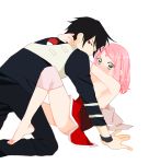  1boy 1girl blush breasts couple facial_mark forehead_mark green_eyes haruno_sakura hug looking_at_viewer naruto naruto:_the_last pink_hair red_eyes sideboob simple_background uchiha_sasuke undressing 