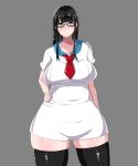  1girl ayashi_amedama black_hair blue_eyes blush breasts female glasses long_hair looking_at_viewer necktie original plump simple_background smile solo tagme thick_thighs thigh-highs thighs wide_hips zettai_ryouiki 