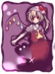  1girl ascot blonde_hair bow female flandre_scarlet gradient gradient_background hat hat_ribbon laevateinn looking_at_viewer mob_cap red_eyes red_ribbon red_skirt red_vest side_ponytail skirt smile solo touhou vest wings 