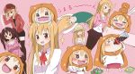  &gt;.&lt; 2girls :d animal_hood artist_request blush blush_stickers brown_hair casual chibi crying doma_umaru ebina_nana embarrassed female hamster hamster_costume hat himouto!_umaru-chan hood jacket long_hair looking_at_viewer multiple_girls open_mouth pantyhose pink_shorts polka_dot polka_dot_background saliva school_uniform shorts skirt smile tears thigh-highs twintails 