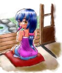  1girl amputee ass blue_hair blush brown_eyes cushion door food long_hair looking_at_viewer looking_back mikeysukairain ponytail popsicle quadruple_amputee sitting solo tatami 