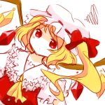  1girl ascot blonde_hair bow female flandre_scarlet hat hat_ribbon mob_cap red_eyes simple_background solo touhou wings 
