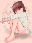  1girl bare_legs barefoot brown_eyes brown_hair chikusan_nurseman child eyebrows_visible_through_hair feet feet_together female knees_together legs_together long_sleeves panties simple_background sitting solo toes underwear 