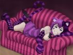  1girl animal_ears animal_tail bell blue_eyes bow breasts cat_ears cat_tail cheshire_cat cheshire_cat_(mamono_girl_lover) cheshire_cat_(monster_girl_encyclopedia) cleavage couch female grin large_breasts looking_at_viewer lying mamono_girl_lover mithril monster_girl_encyclopedia multicolored_hair pink_hair purple_hair shiny shiny_skin shoes short_hair smile socks solo tail 