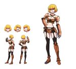  1girl arm_guards armor black_legwear blonde_hair breastplate breasts character_sheet cleavage clementine_(overlord) concept_art criss-cross_halter evil_smile expressions faulds full_body garter_belt gauntlet grin halter_top halterneck leg_armor looking_at_viewer midriff miniskirt navel o-ring o-ring_legwear official_art overlord_(maruyama) pink_eyes red_eyes short_hair shoulder_pads simple_background skirt smile solo standing thigh-highs white_background 