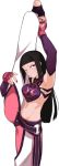  1girl artist_request black_hair han_juri hands_on_feet looking_at_viewer red_eyes simple_background solo street_fighter stretch 