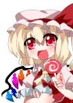  1girl bad_id blonde_hair candy female flandre_scarlet hat lollipop mushimaro red_eyes simple_background solo touhou 