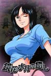  1girl black_hair blue_eyes gradient gradient_background looking_at_viewer navel nico_robin one_piece smile solo tagme wink 