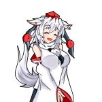  1girl animal_ears blush breasts closed_eyes detached_sleeves ears_down female hat inubashiri_momiji large_breasts looking_at_viewer open_mouth pom_pom_(clothes) ribbon-trimmed_sleeves ribbon_trim short_hair silver_hair simple_background solo tail tokin_hat touhou transparent_background v_arms wolf_ears wolf_tail 