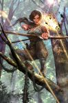 1girl arrow blue_eyes bow_(weapon) brown_hair fire lara_croft long_hair looking_at_viewer realistic solo tank_top tomb_raider tree weapon 