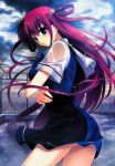  1girl blue_eyes bow breast_hold breasts grisaia_(series) grisaia_no_kajitsu grisaia_no_rakuen long_hair plaid plaid_bow rain redhead school_uniform skirt smile solo standing suou_amane very_long_hair wet 