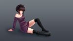  1girl bags_under_eyes black_hair black_lagoon black_legwear boots collarbone gradient gradient_background highres monorus petite ribbed_sweater sawyer_the_cleaner scar short_hair sitting smile solo sweater sweater_dress thigh-highs 
