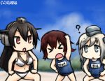  &gt;_&lt; 3girls :o ? beach bikini black_hair blue_eyes brown_hair closed_eyes garrison_cap gradient gradient_background gradient_hair hamu_koutarou hat headgear kantai_collection long_hair multicolored_hair multiple_girls mutsuki_(kantai_collection) nagato_(kantai_collection) name_tag red_eyes redhead school_swimsuit short_hair silver_hair swimsuit u-511_(kantai_collection) 