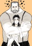  1boy 1girl beard biceps facial_hair fullmetal_alchemist hair_up hairlocs hug hug_from_behind husband_and_wife izumi_curtis monochrome muscle pearsfears sig_curtis size_difference 