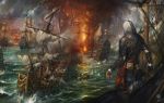  1boy assassin&#039;s_creed assassin&#039;s_creed_(series) assassin&#039;s_creed_iv:_black_flag edward_kenway fire flag hood jacket long_hair male_focus ocean pants pirate rope ship solo water watercraft 