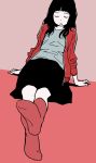  1girl black black_hair closed_eyes grey_shirt hosoo jacket leaning_back leg_lift monochrome open_clothes open_jacket original pink_background red_jacket red_legwear shirt skirt solo tired 