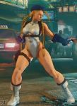  1girl 3d animated animated_gif blonde_hair boots braid breasts cammy_white fighting_stance fingerless_gloves gauntlets gloves hat leotard long_hair muscle pocket street_fighter street_fighter_v thigh_strap thighs twin_braids twintails 