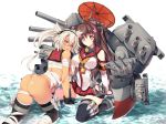  2girls all_fours ass backboob bandage breasts brown_eyes brown_hair butt_crack cannon cleavage dark_skin glasses gun hair_ornament kantai_collection kneeling long_hair looking_back multiple_girls musashi_(kantai_collection) oriental_umbrella pointy_hair ponytail red_eyes sarashi simple_background tamiya_akito thigh-highs umbrella water weapon yamato_(kantai_collection) 