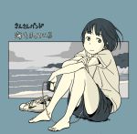  1girl album_cover arm bangs barefoot beach black_shorts clouds cover digital_media_player feet hand_on_shoulder headphones hosoo knees_up monochrome nike ocean original rock shoes shore shorts sitting sneakers solo translation_request waves 