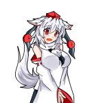 1girl animal_ears blush breasts detached_sleeves ears_down female hat inubashiri_momiji large_breasts looking_at_viewer open_mouth pom_pom_(clothes) red_eyes ribbon-trimmed_sleeves ribbon_trim short_hair silver_hair simple_background solo tail tears tokin_hat touhou transparent_background v_arms wolf_ears wolf_tail 