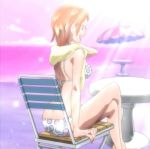  1girl bikini legs nami_(one_piece) one_piece orange_hair screencap short_hair sitting solo stitched swimsuit towel 