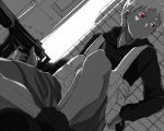  1boy absurdres dark_skin gun handgun highres johnathan_mar jormungand male_focus monochrome pistol red_eyes scar sitting solo trigger_discipline weapon white_hair 