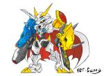 arm_cannon armor cannon cape chibi digimon full_armor horns monster no_humans omegamon red_eyes royal_knights shoulder_pads simple_background solo sword weapon white_background 