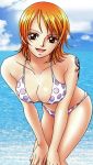  1girl :d arm artist_request bare_legs bare_shoulders bikini breasts brown_eyes cleavage clouds collarbone female gradient gradient_background hands_on_knees inoue_eisaku large_breasts leaning leaning_forward legs looking_at_viewer midriff nami_(one_piece) ocean one_piece open_mouth orange_hair polka_dot polka_dot_bikini polka_dot_swimsuit short_hair sky smile solo swimsuit tattoo v_arms water white_bikini white_swimsuit 