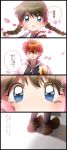  1boy 1girl 4koma blue_eyes braid brown_hair comic gradient gradient_background haori jacket japanese_clothes kyoukai_no_rinne long_hair mamiya_sakura open_mouth red_eyes redhead reflection shoes short_hair simple_background socks tears twintails 