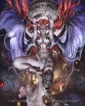  1girl armor arms_up bikini_armor bridal_gauntlets demon_wings final_fantasy grey_skin horns jugemt looking_at_viewer midair mobius_final_fantasy monster_girl navel official_art red_eyes redhead solo square_enix stomach succubus wings 
