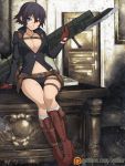  1girl alternate_color bayonet belt black_hair boots breasts cleavage devil_may_cry devil_may_cry_4 gloves gun heterochromia jewelry kneehighs lady_(devil_may_cry) looking_at_viewer midriff navel necklace no_bra open_clothes scar short_hair short_shorts shorts sitting solo spike_wible weapon 