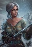  1girl ciri face fire gradient gradient_background green_eyes lips looking_at_viewer mountain scar short_hair silver_hair snow solo sword the_witcher the_witcher_3 upper_body weapon 