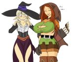  2girls blush breast_envy breasts brown_eyes brown_hair bursting_breasts cleavage closed_eyes cosplay costume_switch dragon&#039;s_crown elf_(dragon&#039;s_crown) flat_chest huge_breasts matsu-sensei multiple_girls red_eyes simple_background sorceress_(dragon&#039;s_crown) torn_clothes wardrobe_malfunction wide_hips 