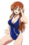  1girl :d adjusting_hair arm_support arm_up blush breasts brown_hair cleavage clothed_navel code_geass female gloves green_eyes hair_between_eyes hand_in_hair hand_on_head happy highres large_breasts long_hair looking_at_viewer navel official_art one-piece_swimsuit open_mouth photoshop render shirley_fenette simple_background single_vertical_stripe sitting smile solo swimsuit thighs transparent_background wet_hair wide_hips 