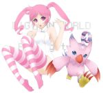  1girl bandai biyomon breasts claws digimon digimon_world_re:digitize female one_breast_out pink_eyes pink_hair rindou_akiho simple_background solo twintails 