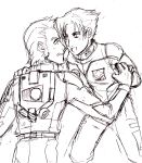  2boys artist_request ford_romfellow gundam gundam_side_story:_from_place_beyond_the_blaze highres luce_kassel monochrome multiple_boys pilot_suit simple_background sketch 