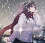  1girl bangs black_hair black_skirt breath brown_eyes buttons commentary double-breasted enpera eyebrows eyebrows_visible_through_hair fringe fujiwara_mizuki hair_between_eyes light_rays long_hair open_mouth original red_scarf scarf skirt sleeves_past_wrists snow solo sunlight white_coat winter winter_clothes 