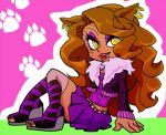  1girl brown_hair clawdeen_wolf fangs looking_at_viewer monster_high simple_background solo tsujii werewolf yellow_eyes 