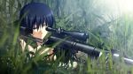  1boy black_hair grisaia_(series) grisaia_no_kajitsu grisaia_no_rakuen gun hiding kazami_yuuji solo weapon 