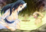  1boy 1girl breasts cleavage gonbe_(oboro_muramasa) husband_and_wife japanese_clothes kimono miyai_max monkey oboro_muramasa onsen otae steam triangular_headpiece water wet_clothes 