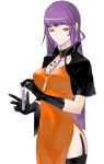  1girl between_breasts black_cape black_gloves breasts caladrius cape choker cleavage dress female frilled_choker frills gloves large_breasts long_gloves long_hair official_art orange_dress orange_eyes purple_hair simple_background solo sophia_fulancelli test_tube thigh-highs thighs yasuda_suzuhito 