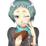  1girl black_eyes blue_hair chocolate face looking_at_viewer maa-san_(dammerung) persona persona_3 simple_background solo wink yamagishi_fuuka 