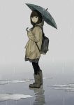  1girl backpack bag bangs black_eyes black_hair black_legwear blouse blunt_bangs boots female full_body gradient gradient_background grey grey_background hosoo long_hair original outdoors parasol polka_dot puddle rain raincoat reflection ripples solo standing umbrella water 