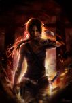  1girl blood bow_(weapon) brown_eyes brown_hair fire gradient gradient_background lara_croft long_hair looking_at_viewer open_mouth smoke solo standing tank_top tomb_raider weapon 