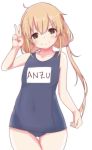  1girl blonde_hair brown_eyes character_name child futaba_anzu hard_translated idolmaster idolmaster_cinderella_girls long_hair looking_at_viewer name_tag one-piece_swimsuit ryuu. school_swimsuit simple_background smile solo swimsuit translated twintails v white_background 