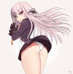  1girl ass dangan_ronpa dangan_ronpa_1 from_behind gloves jacket kirigiri_kyouko kuroonehalf lavender_eyes lavender_hair looking_back open_clothes open_jacket panties pantyshot pantyshot_(standing) school_uniform shiny shiny_skin simple_background skirt solo standing underwear wedgie white_panties 