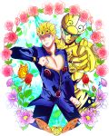  1boy blonde_hair blue_eyes butterfly chouhana clothes_pull earrings flower foreshortening giorno_giovanna gold_experience highres jewelry jojo_no_kimyou_na_bouken jojo_pose ladybug pointing pointing_at_viewer pose rose stand_(jojo) 