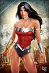  1girl amazon armlet armor black_hair blue_eyes bracer breasts cowboy_shot dc_comics female fingernails gradient gradient_background lasso leotard lips long_hair looking_at_viewer realistic solo strapless thighs tiara vambraces wonder_woman wonder_woman_(series) 