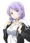  1girl braid breasts cleavage jacket odagiri_nene purple_hair school_uniform short_hair simple_background solo violet_eyes yamada-kun_to_7-nin_no_majo 